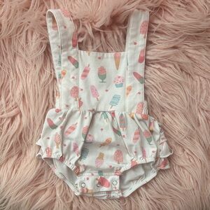 Ice Cream Print Ruffle Suspender Baby Romper - Pastel Multi